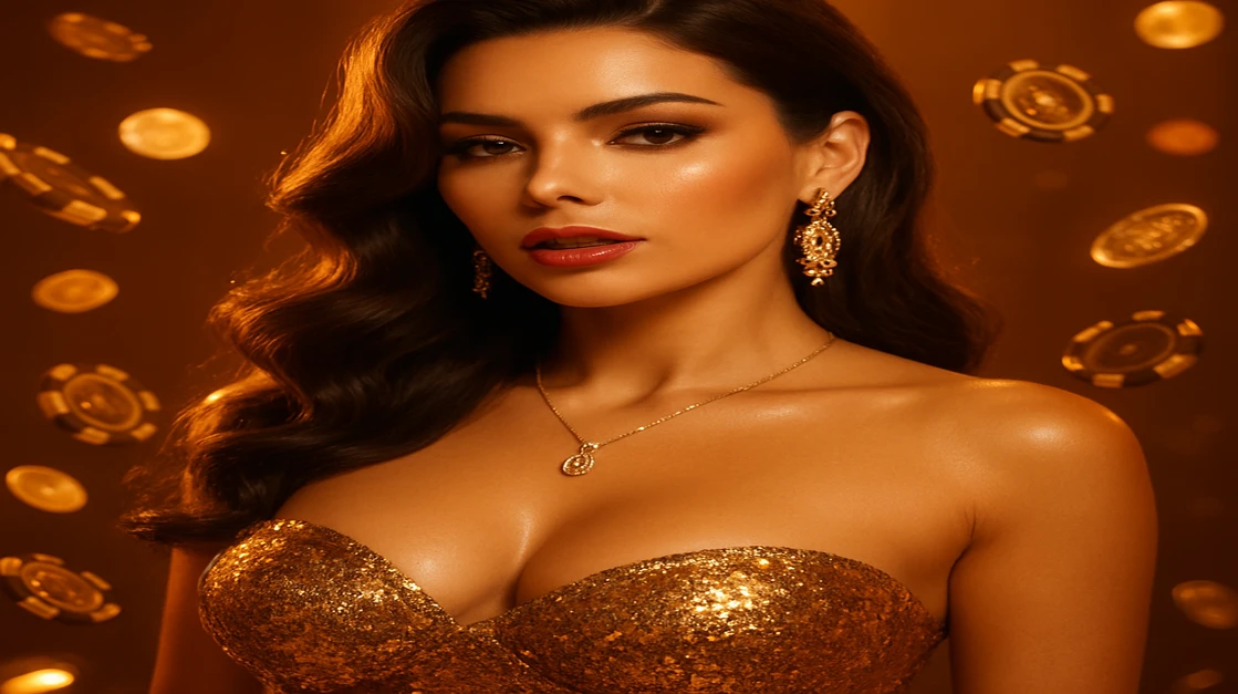 5Z777 গেমিং প্ল্যাটফর্মে এক জাঁকালো নারী ঝলমলে সোনালি পোশাকে বিলাসবহুল জয়ের অভিজ্ঞতা প্রকাশ করছেন, চারদিকে ঝলমলে সোনালি মুদ্রা ও চিপের বর্ষণ।