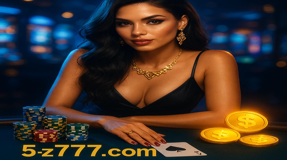 5Z777 লাইভ গেমিং-এ একটি সুন্দর ডিলার টেবিলে আপনাকে খেলার আমন্ত্রণ জানাচ্ছেন, ১০০% স্বাগতম পুরস্কারসহ, চারপাশে চকচকে চিপ ও ভাসমান সোনা-মুদ্রা দ্বারা ঘিরে।