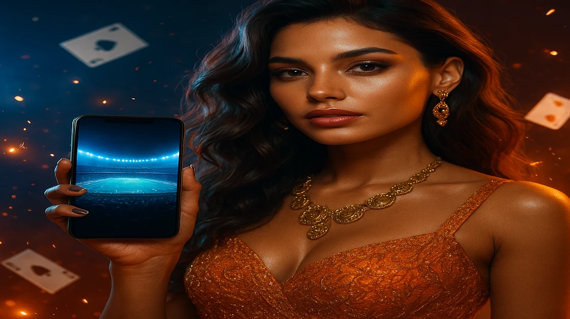একটি সুন্দর নারী একটি ফোন ধরে ৫Z777 অ্যাপটি স্ক্রিনে স্টেডিয়ন দেখাচ্ছে, চারপাশে উড়ন্ত কার্ড ও জ্বলন্ত আবহাওয়া।
