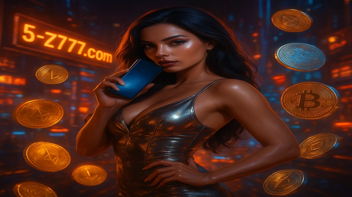একজন নারী 5Z777 ক্রিপ্টো-গেমিং প্ল্যাটফর্মে লগইন করতে একটি স্মার্টফোন ধরেছেন, চারপাশে জ্বলজ্বল করা বিটকয়েন মুদ্রা ও একটি ভবিষ্যৎ-চালিত গেমিং প্ল্যাটফর্ম পরিবেশ চারদিক জুড়ে।